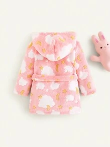 Cozy Pixies Thickened Hooded Pajama Cardigan Robe With Star, Moon & Cloud Pattern For Baby Girl