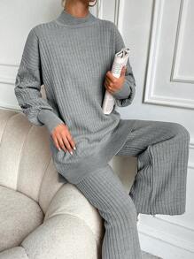 EURMUSE 2pcs Women's Solid Color Zip-Up Long Sleeve Simple Sweater And Pants Casual Set