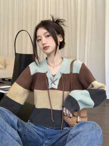 DAZY Women's Casual Color Block Striped Cross Strap Sweater, Spring/Fall - Multicolor - View 3