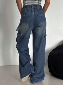 DAZY 女式抽绳口袋工装牛仔裤、宽松牛仔裤 - 中等水洗藍 - 查看 6