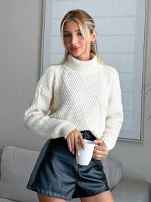 RueChic Women Solid Color Diamond Pattern Turtleneck Pullover