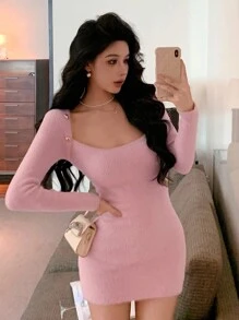 DAZY Women's 2 In 1 Patchwork Mini Sweater Dress,Fall Clothes Prom Dress - Pink - View 3