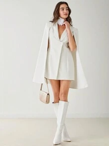 Enchnt Vestido elegante con blazer de capa de unicolor, primavera y otoño para mujer