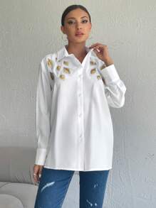 EURMUSE Golden Feather Glimmer Lapel Front Button Long Sleeve Blouse - White - View 11