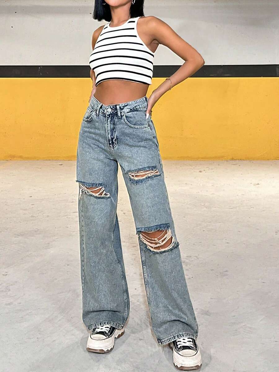 SHEIN Cottnline VAQUEROS ACAMPANADOS DE TIRO ALTO ROTOS ESTILO Y2K - Azul lavado medio - Ver 1