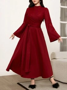 Modelyn Robe longue casual à manches évasées de couleur unie bourgogne pour femmes - Rouge foncé - Voir 5