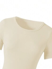 SHEIN Bộ 2 món/bộ áo thun ngắn tay cổ tròn màu trơn mùa hè cho bé gái tuổi teen và quần dài - Màu be - Xem 6