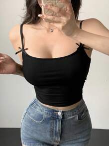 Joudiya 女式 3D 蝴蝶结装饰吊带背心修身背心学院风上衣 - 黑色 - 查看 3