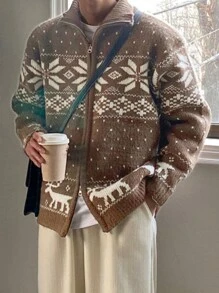 DAZY Men's Geometric Printed Zip-Up Jacquard Knit Cardigan, Autumn Jacket Christmas,New Year - Brown - View 3