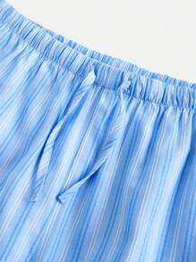 SHEIN Quần ống rộng kẻ sọc đơn giản thoải mái cho bé gái tuổi mới lớn - Màu xanh lam - Xem 3