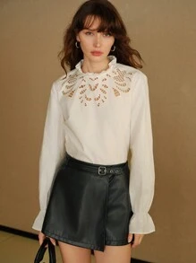 MOTF STUDIO FRILL MOCK NECK EMBROIDERY LASER CUT FLARE SLEEVE BLOUSE
