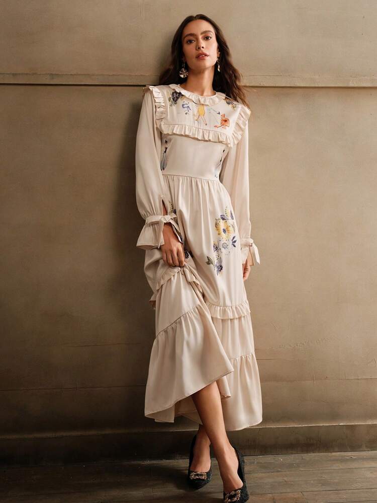 Elegant Embroidered Ruffle Hem Waist Dress For Women