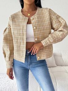 Chiquease Women's Large Metal Pearl Button Casual Plaid Jacket - Khaki - View 5
