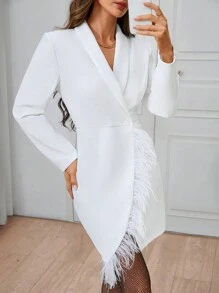 SHEIN Clasi Women's Elegant Occasion Wine Party White Feather Patchwork Blazer  Fall Women Dresses