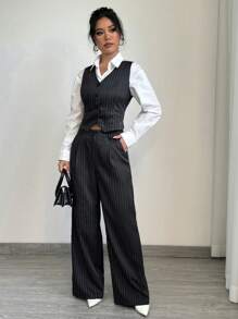 Elenzga Conjunto de blazer de rayas casual y pantalones de traje para mujer