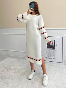 EURMUSE Knitwear Maxi Sweater Dress With Heart Pattern - White - View 1