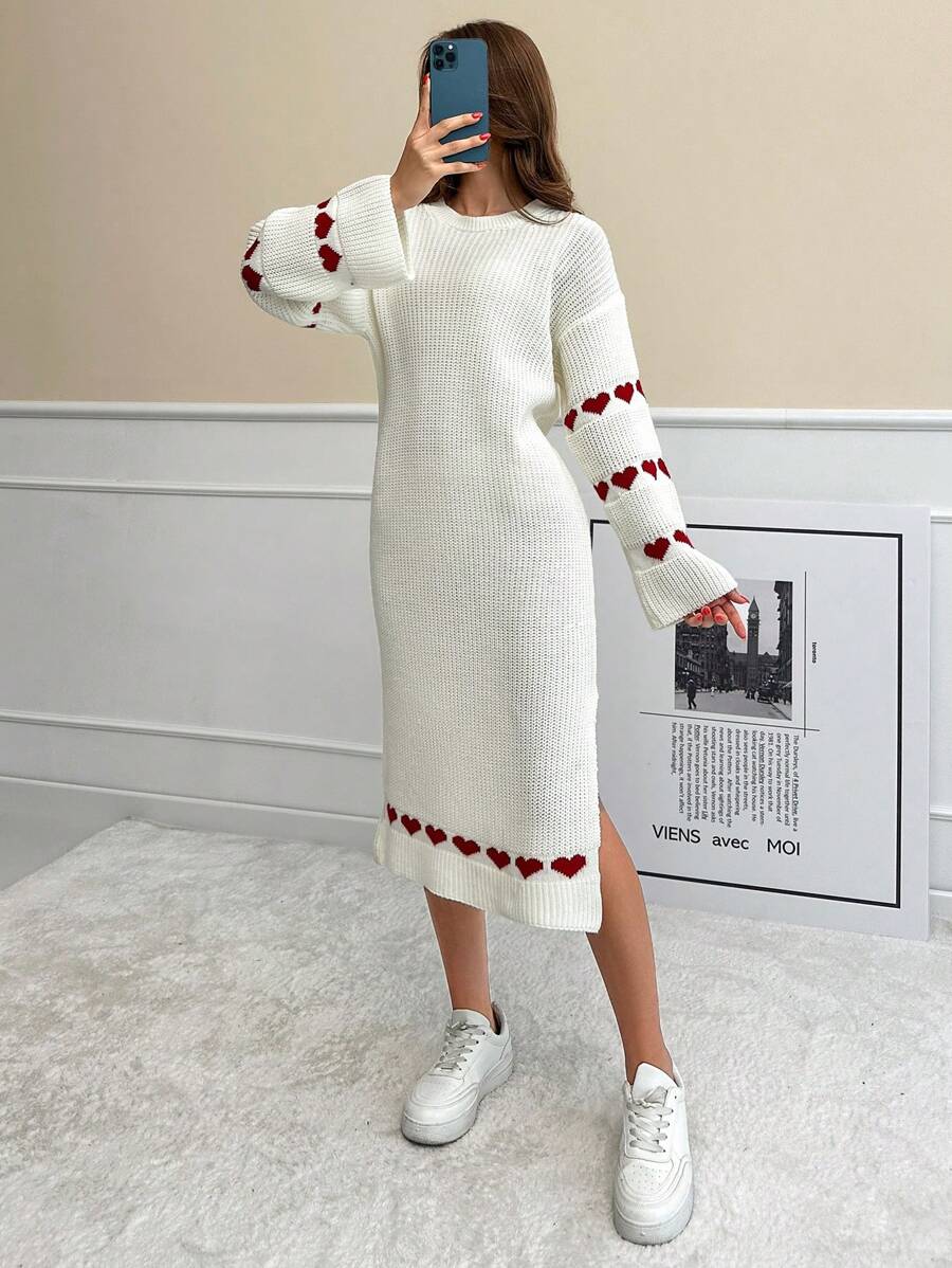 EURMUSE Knitwear Maxi Sweater Dress With Heart Pattern - White - View 1