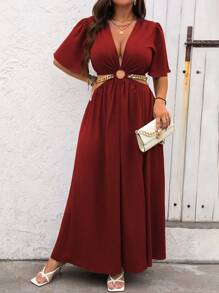 Vionelle Plus Size Women's Vacation Deep V Neck Ruffle Short Sleeve Side Cutout Dress Burgundy Women Outfit Wedding Guest Vacation Summer Sexy Elegant - Burgundy - View 4