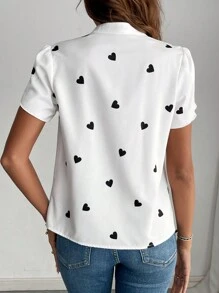 EMERY ROSE Women's Elegant Ruffle Heart Decor Blouse, Printed V-Neck Pleated Cap Sleeve Blouse For Daily And Vacation,Back To School,Short Sleeve Tops - Multicolor - View 2