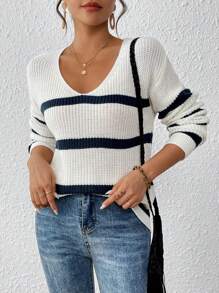 SHEIN VCAY 秋冬条纹落肩V领毛衣、长袖上衣 - 米色 - 查看 4