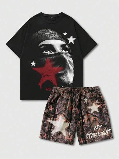 Street Life 2pcs Men's Crew Neck Short Sleeve Graphic Print T-Shirt And Shorts Set