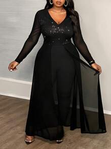 Slaydiva Plus Size Elegant Solid Black V-Neck Sequin Mesh Splice Long Sleeve Jumpsuit