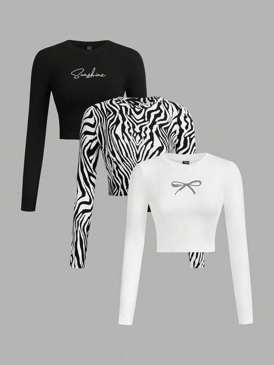 SHEIN EZwear 3 件套女士豹纹、斑马水钻蝴蝶结、字母印花圆领长袖修身短款 T 恤，适合春秋季节 - 彩色 - 查看 1