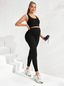 SHEIN 2pcs Maternity Solid Color Cropped Sport Tank Top & Pants Set