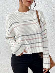 SHEIN VCAY Striped Pattern Drop Shoulder Sweater,Long Sleeve Tops In Fall/Winter - Beige - View 6