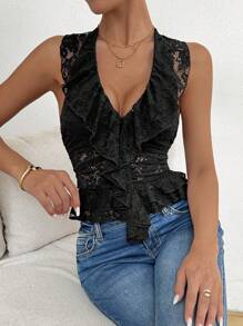 Chiquease Women's Black V-Neck Ruffle Lace Halter Top - Black - View 7