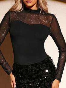 SHEIN Clasi 女士水钻装饰透明拼布修身立领黑色 T 恤 - 黑色 - 查看 5