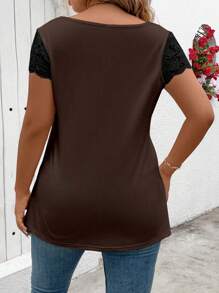 SHEIN LUNE Áo thun trơn cổ chữ V tay bèo nhún cỡ lớn cho nữ - màu nâu - Xem 2