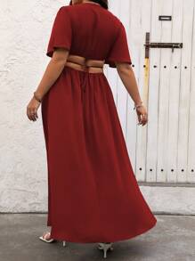 Vionelle Plus Size Women's Vacation Deep V Neck Ruffle Short Sleeve Side Cutout Dress Burgundy Women Outfit Wedding Guest Vacation Summer Sexy Elegant - Burgundy - View 2