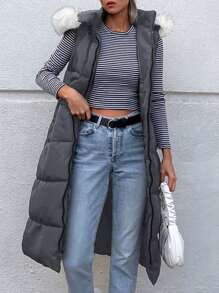 EURMUSE Sleeveless Hooded Padded Coat With Fur Collar - Dark Grey - View 6