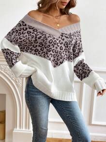 SHEIN Privé Sweater Pullover Wanita Lengan Panjang Satu Bahu Longgar Kasual Motif Leopard - MultiWarna - View 6