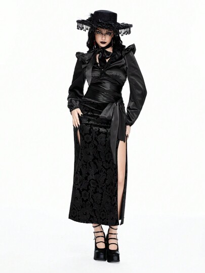 Gothic Lady Sexy V-Ausschnitt Ballonärmel Schleife Reflektierender Satinbluse in Einfarbig Schwarz mit geraffter Taille für Damen