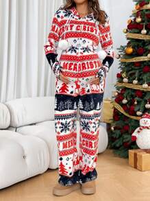 SHEIN SHEIN Maternity Christmas Pregnant Women's Winter Snowflake & Deer Print Hooded Long Sleeve Jumpsuit