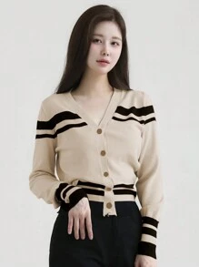 DAZY 女士条纹拼色 V 领开衫 - 米色 - 查看 6