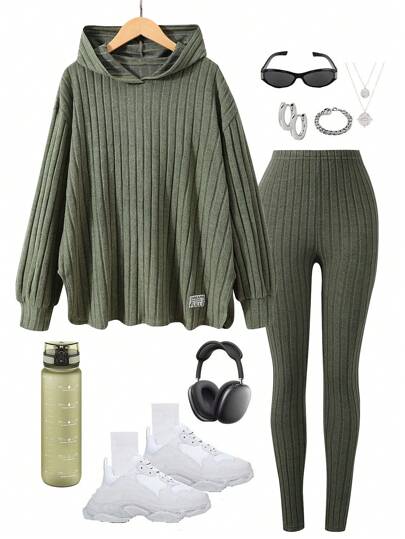 Sparklyn 2pcs Teen Girl Casual Solid Color Hoodie Sweatshirt And Leggings Set, Spring Fall