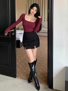 DAZY Áo thun nữ cổ vuông tay dài ôm dáng màu trơn thời trang xuân hè, quần áo nữ mùa thu - Màu Đỏ Sâu - Xem 4