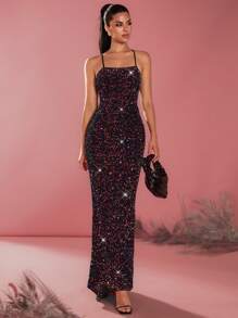 Glamine Women's Black Elegant Formal Summer Sequin Dress,Cami High Waisted Bodycon Long Prom Party Homecoming Dress - Black - View 6