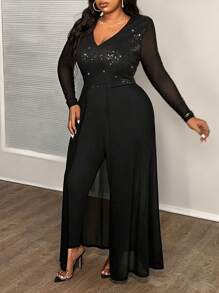 Slaydiva Plus Size Elegant Solid Black V-Neck Sequin Mesh Splice Long Sleeve Jumpsuit