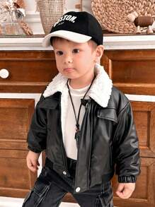 Baby Boy's Stylish Winter Jacket - Fashionable Black Faux Leather Outer With Thermal Lined, Long Sleeve Lapel Collar Open-Front Winter Coat, Cool Black, Streetwear Style