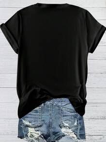 SHEIN LUNE 女式常规圆领短袖彩色英文文字图案印花 T 恤 - 黑色 - 查看 2