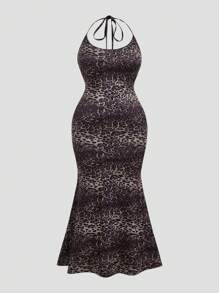 SHEIN Unity Plus Size Women's Halterneck Leopard Print Sexy Mermaid Ombre Bodycon Fitted Party Club Vacation Midi Dress