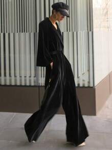 DAZY Women's Solid Color Lapel Collar Long Sleeve Elegant Velvet Wide Leg Jumpsuit,Back To School Clothes