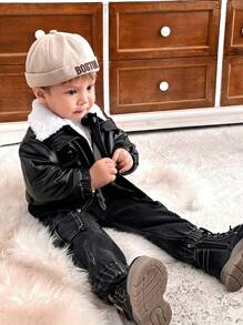 Baby Boy's Stylish Winter Jacket - Fashionable Black Faux Leather Outer With Thermal Lined, Long Sleeve Lapel Collar Open-Front Winter Coat, Cool Black, Streetwear Style