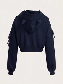 SHEIN EZwear Navy Blue Knit Women Hoodie With Side Eyelet And Ear Decor, Autumn Winter