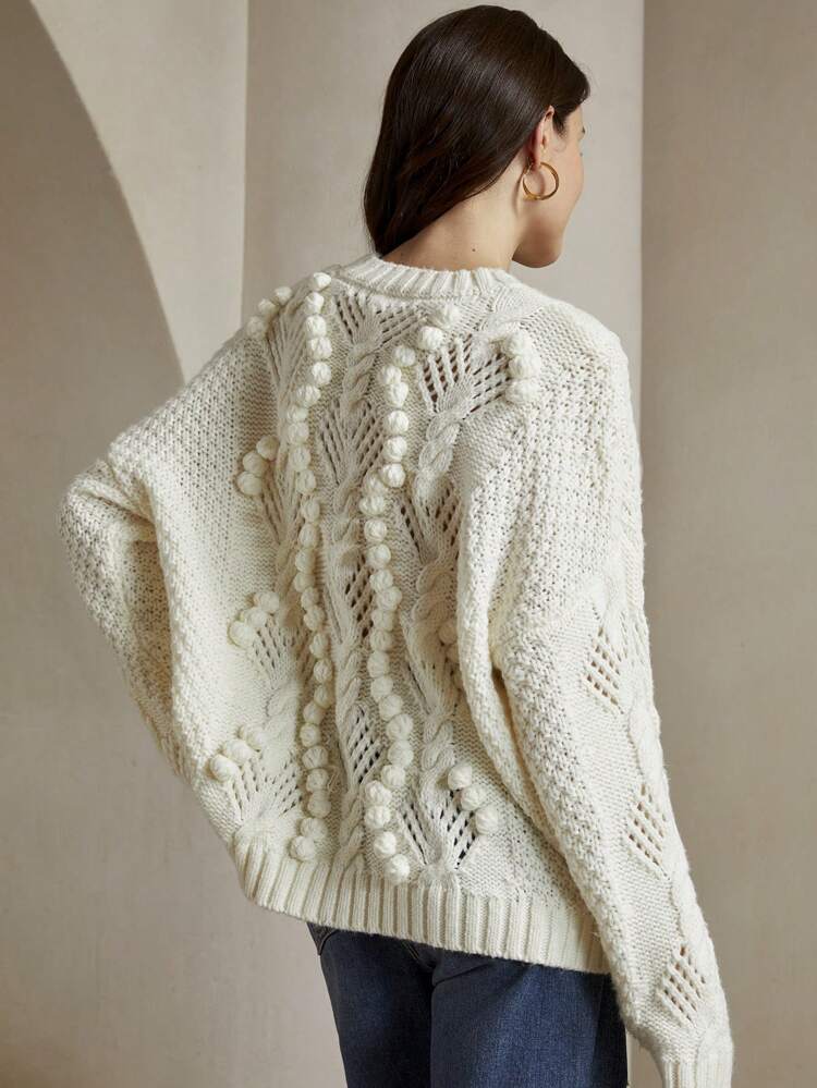 Women's Oversized Solid Color Drop Shoulder Long Sleeve Casual Hand Crochet Embroidery Sweater, Autumn Fall Winter Knit Pullover