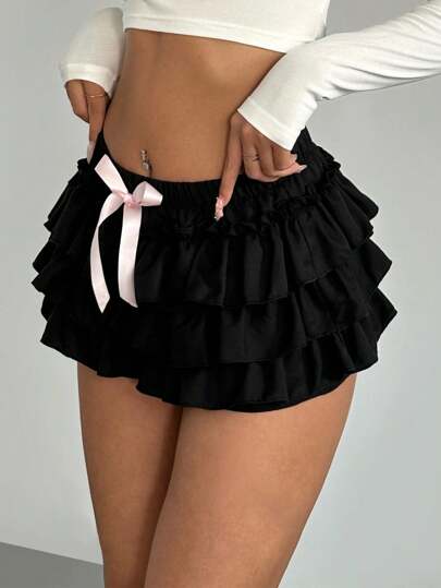 Aloruh 女士性感别致粉色蝴蝶结装饰荷叶边低腰短裤荷叶边短裤黑色荷叶边短裤